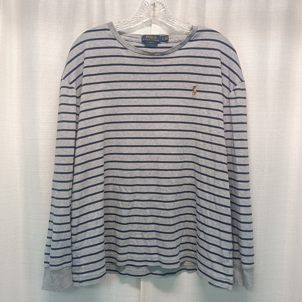 Polo Ralph Lauren Womens Large Grey Navy Striped Long Sleeve T-Shirt Classic Fit